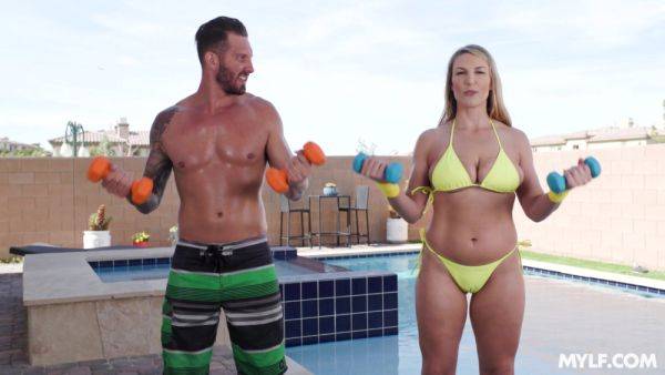 Busty wife gets to fuck with her personal trainer in spectacular cheating scenes on royalboobs.com
